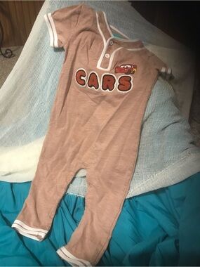 Disney Tan 'Cars' Short-Sleeve Footie with White Trim